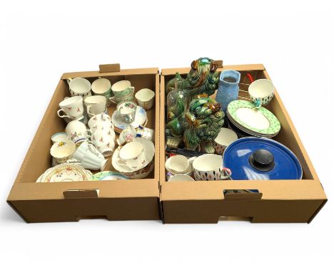 Pair of foo dogs, enamel pans and a collection of teacups, saucers and other ceramics