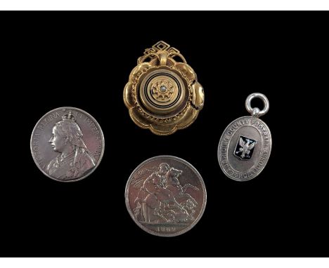 Victorian gold enamel and seed pearl brooch, Victoria 1889 silver crown brooch, Victorian South African coin brooch and a sil