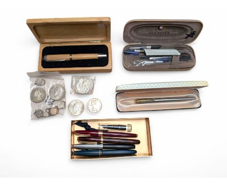 Collection of fountain pens and coins, including Parker 17 fountain pen with 14ct gold nib and George V 1928 crown
