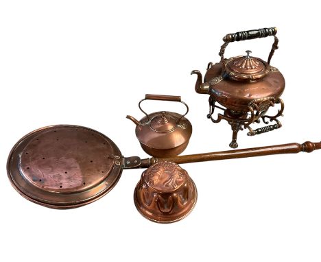 Large Victorian copper kettle on burner stand by Henry Loveridge & Co of exaggerated bun form with turned ebony handles, upon