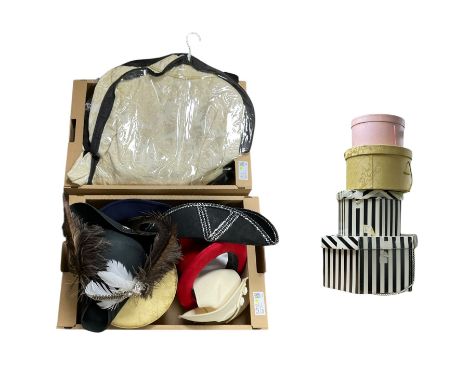 Collection of ladies hats, including 1940s style examples, pirate hats, two ladies jackets and hat boxes