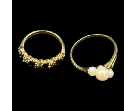 Two 9ct gold rings, including three pearl ring and a blue stone and cubic zirconia ring, both hallmarked Condition Report:App