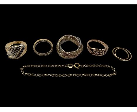 9ct gold jewellery, including rose gold keeper ring, bracelet, hoop earrings, eternity ring and two other gold ringsCondition