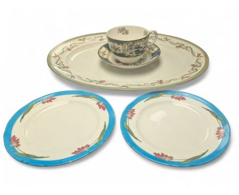 Large Furnival meat platter, the ribbon border decorated with swallows and flowers, two cabinet plates, with printed and pain