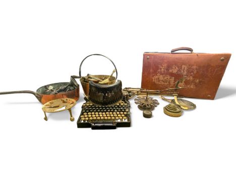 Large copper pan, brass jam pan, balance scales and weights, typewriter, leather suitcase and other metal ware