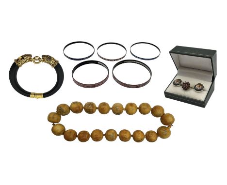 Collection of jewellery, including bone necklace, silver-gilt garnet ring, enamel fox cufflinks, Michaela Frey bracelets, etc
