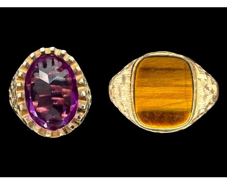 9ct gold tiger's eye signet ring and a 9ct gold ring shank with loose pink stone, both hallmarkedCondition Report:Signet ring