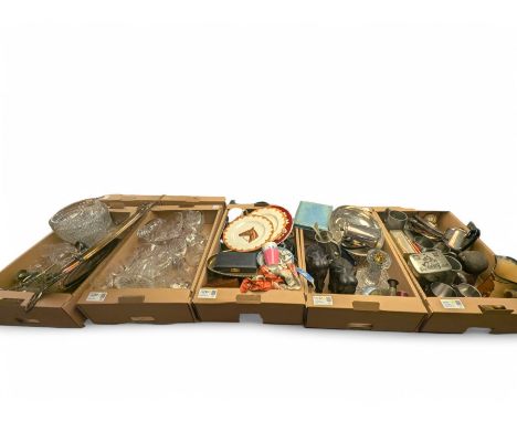Collection of silver plate including twin-handled tray, cut glass, ceramics and other collectibles, in five boxes
