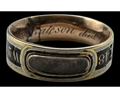 Early 19th century gold and enamel and hairwork morning ring with personnel engraving to inside bandCondition Report:tests ap
