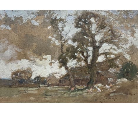 G D Marshall (British 19th/20th Century): Chickens Feeding by a Farmhouse, watercolour heightened with white signed 15cm x 21
