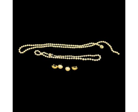 Two cultured pearl necklaces, each with 9ct gold clasps, together with a pair of Christian Dior clip on earrings and a pair o