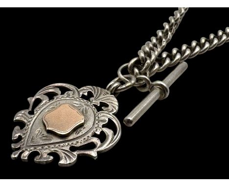 Silver Albert chain with t-bar and silver and rose gold fobCondition Report:Approx 48 grams
