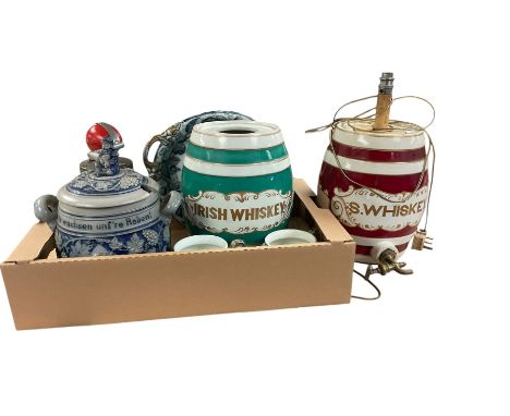 Two whisky barrels, German salt glazed barrel, Blow butter churn, etc