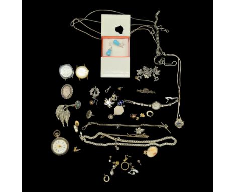 9ct gold chain, silver jewellery including Victorian brooches, earrings, chain, continental 800 standard pocket watch, etc an