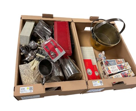 Brass jam pan, together with collection of silver plate and other collectables, in two boxes 