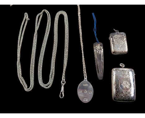 Two silver vesta cases, bookmark, ingot and watch chain, all stamped or hallmarkedCondition Report:Approx 112.9 grams
