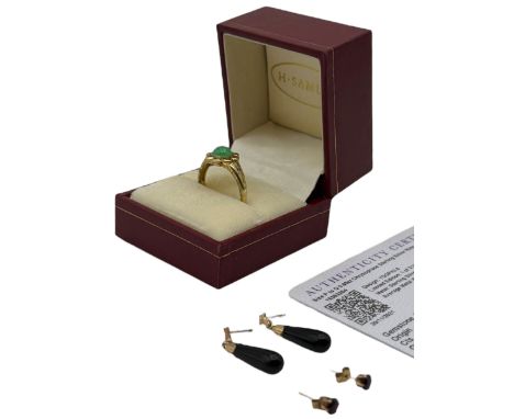 Silver-gilt chrysoprase flower ring, boxed with authenticity certificate, together with two pairs of 9ct gold earringsConditi
