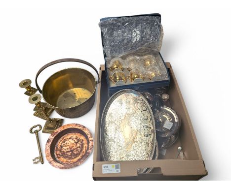 Set of six Royal Worcester hot chocolate cups, silver plated items including teaset, trays, brass jam pans, brass candlestick