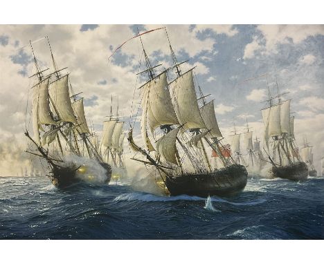 John Steven Dews (British 1949-): ‘Battle of Chesapeake’, limited edition print on canvas numbered 73/195, 61cm x 91cm
