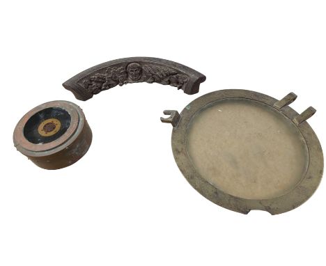 Military issue 02A gimbal compass, with broad arrow mark, together with a brass porthole and a piece of wood carved with port