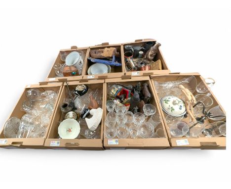 Collection of cut glass and crystal, including Dartington Crystal, glasses, decanters, vases, jug, carved wooden mask, Royal 