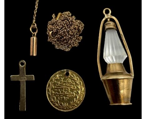 9ct gold jewellery, including lantern charm, cross charm and chain, together with a 22ct gold coin charmCondition Report:9ct 