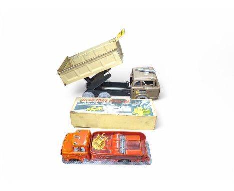 Marx Scissors Hydraulic Dump Truck, Electric Remote Control Car and a tinplate fire engine, dump truck H