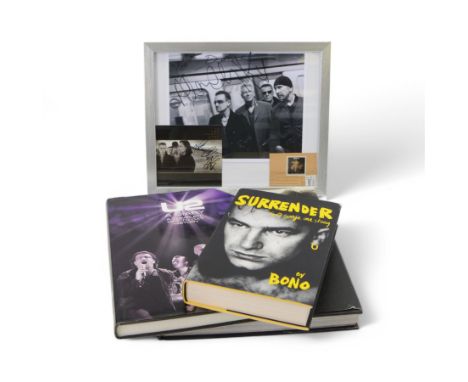 U2 framed signed photograph, together with Surrender Bono's autobiography first edition and two other U2 books  