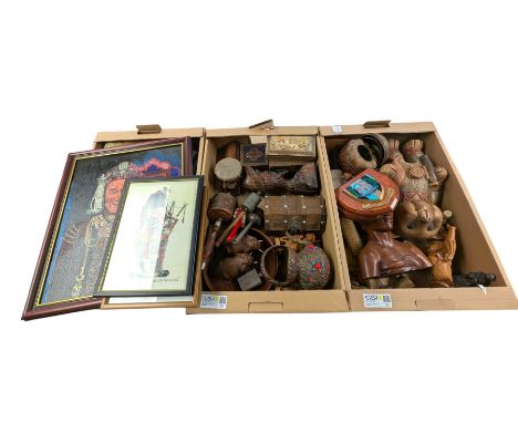 Carved wooden figures, including teddy bear, busts, elephants, etc, together with a collection of Indian souvenirs including 