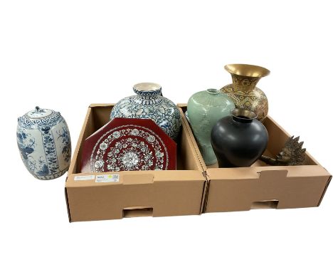 Collection of Chinese and Oriental ceramics together with mother of pearl inlaid box, and brass figure etc in two boxes 