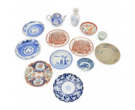 Collection of Japanese and similar ceramics, including pair of Satsuma side plates, decorated with a crowd of figures, blue a