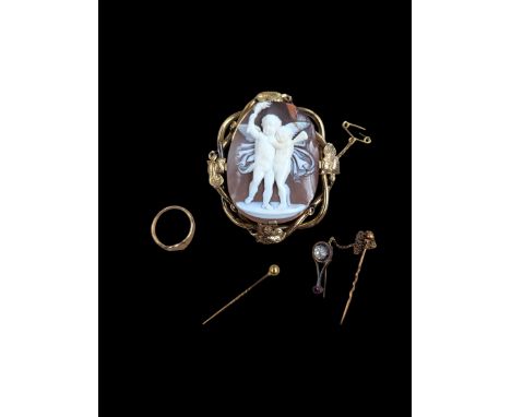 12ct gold cameo brooch depicting two cherubs, 9ct gold signet ring and two gold pinsCondition Report:Brooch tests approx 12-1