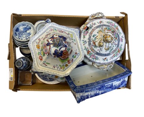 Group of assorted ceramics, to include Masons hexagonal tureen and cover, with stand, a further 19th century tureen and cover