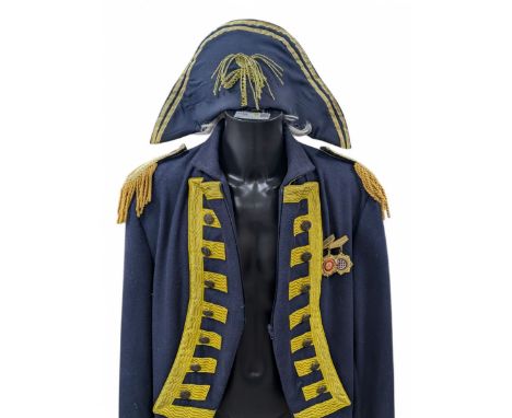 Lord Nelson costume, including hat, jacket and medals, on a black plastic male mannequin