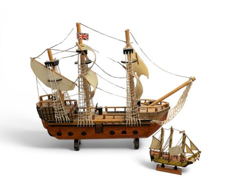Wooden model ship 'Mayflower', together with a similar smaller example, largest H56cm