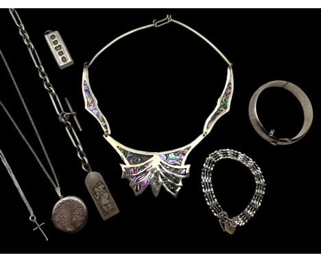 Silver jewellery including locket, ingot, watch chain, cross pendant necklace, hinged bracelet, gate bracelet, abalone butter