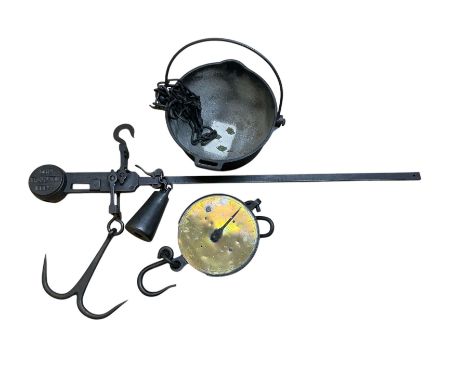 Large beam scale marked The Pooley 1315 and iron pan, together with a Salter's Trade Spring Balance scale 
