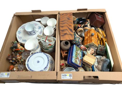 Nine Goebel Hummel figures, cuckoo clock, Colclough part tea service, Nao figure, Country Companions figure, etc, in two boxe