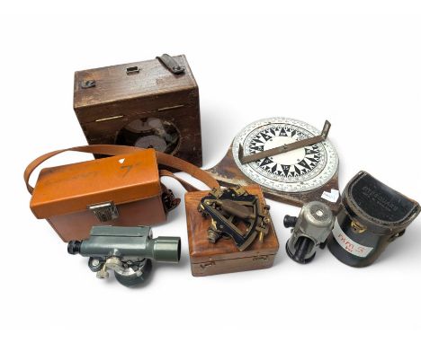 La Ledoise-Lede pigeon clock, Rank Precision dumpy level, miniature reproduction sextant, Sitesquare and a compass