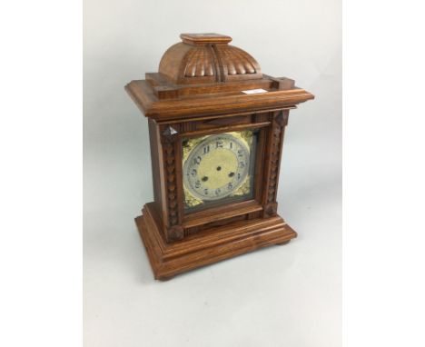 LATE 19TH CENTURY OAK CLOCK CASE, with later face, 40cm high, along with two other mantel clocks (3)