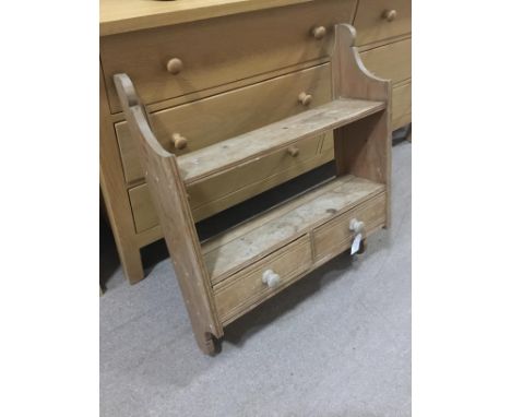 LATE 19TH CENTURY PINE WALL MOUNTING SHELF UNIT, fitted with two drawers, 61.5cm wide