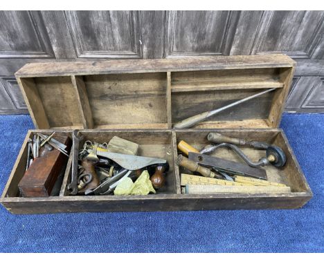 LOT OF WOOD WORKING AND OTHER TOOLS, including planes and rules, contained in a wood box