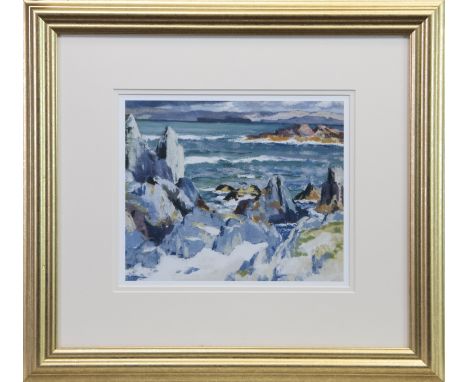 SCOTTISH CONTEMPORARY, ROCKY SHORES print on paper 18cm x 21.5cm Mounted, framed and under glass