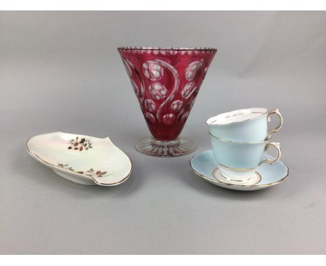 COLCLOUGH BLUE AND GILT TEA SERVICE, comprising six trios, along with other ceramics including decorative plates and a glass 