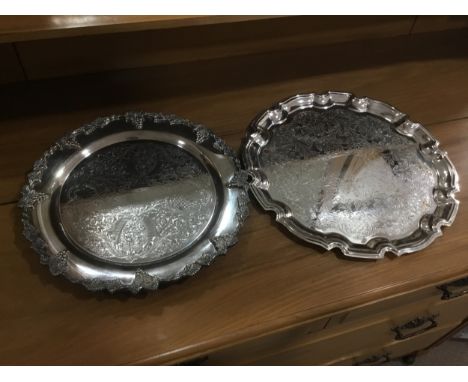 TWO SILVER PLATED TRAYS, along with two vintage tins and other silver plated ware