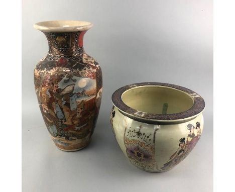 JAPANESE SATSUMA VASE, 46cm high, along with another vase and a Chinese planter, 30cm diameter (3)