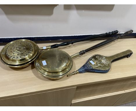 PAIR OF VINTAGE BELLOWS, 62cm long, along with two brass bed pans and a brass charger (4)