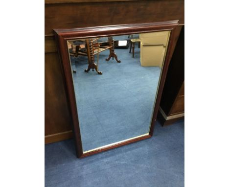 STAINED WOOD FRAMED WALL MIRROR, of rectangular form, 83cm x 57cm, along with a print of The Red Arrows, an impressionist pri