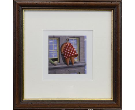 SCOTTISH CONTEMPORARY, ON THE LEDGE print on paper 10cm x 10cm Mounted, framed and under glass
