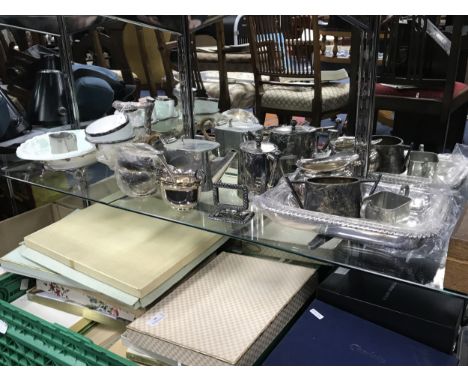 SILVER PLATED TEA SERVICE, along with other plated wares, including entree dishes and cased flatware